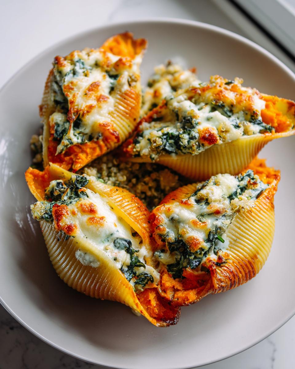 Four baked pasta shells filled with butternut squash, quinoa, kale, and topped with melted cheese.
