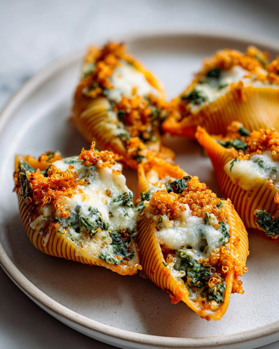 Close-up of baked Butternut Squash Stuffed Shells With Quinoa Kale topped with melted cheese.