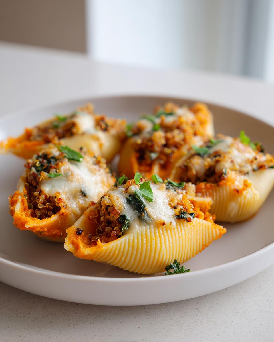 Five baked pasta shells filled with Butternut Squash Stuffed Shells With Quinoa Kale, topped with melted cheese and parsley.