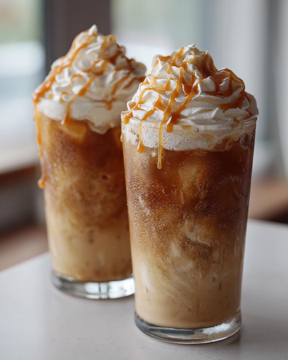 Two tall glasses filled with a blended Caramel Apple Cider Mocktail, topped high with whipped cream and drizzled caramel sauce.