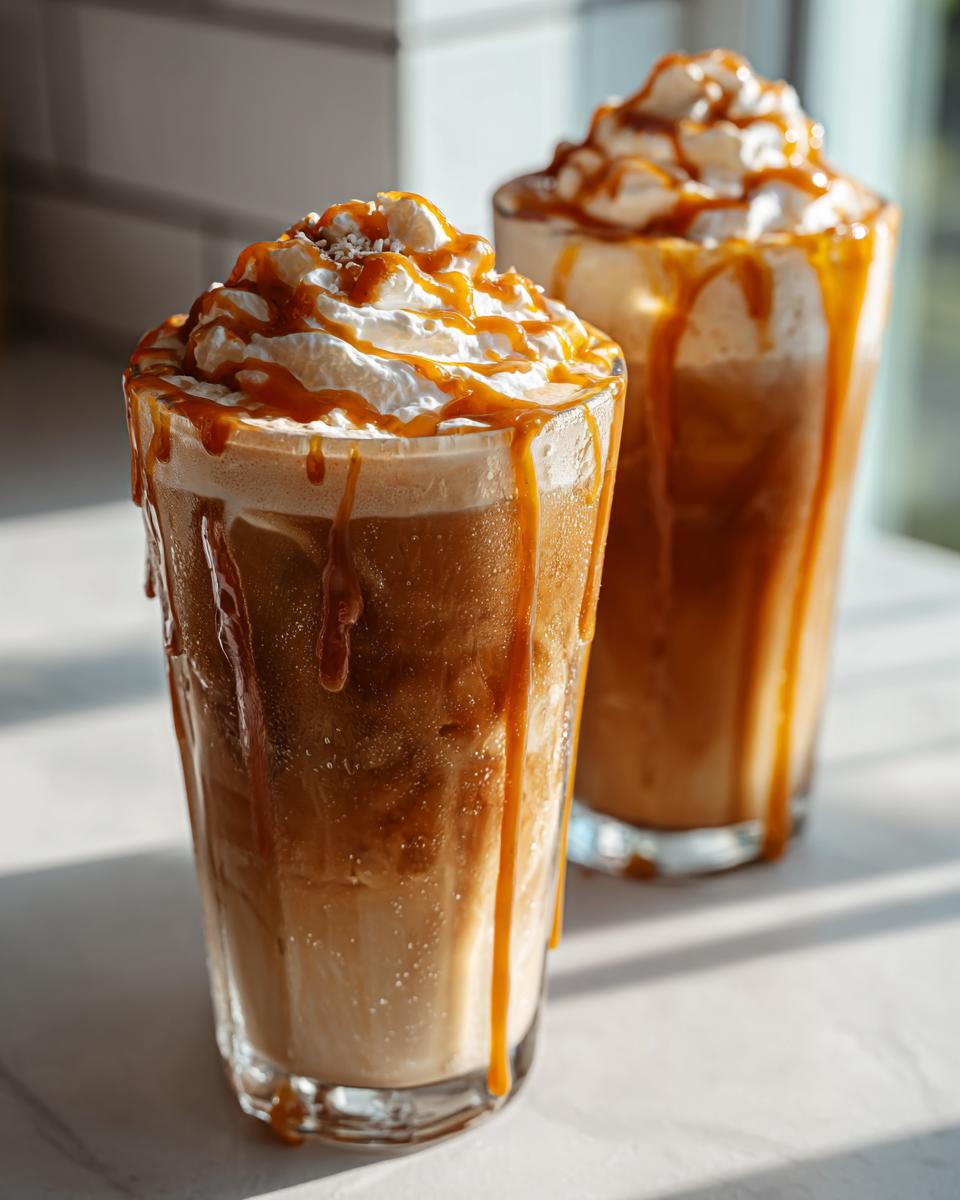 Two tall glasses filled with a layered Caramel Apple Cider Mocktail, topped with whipped cream and drizzled generously with caramel sauce.