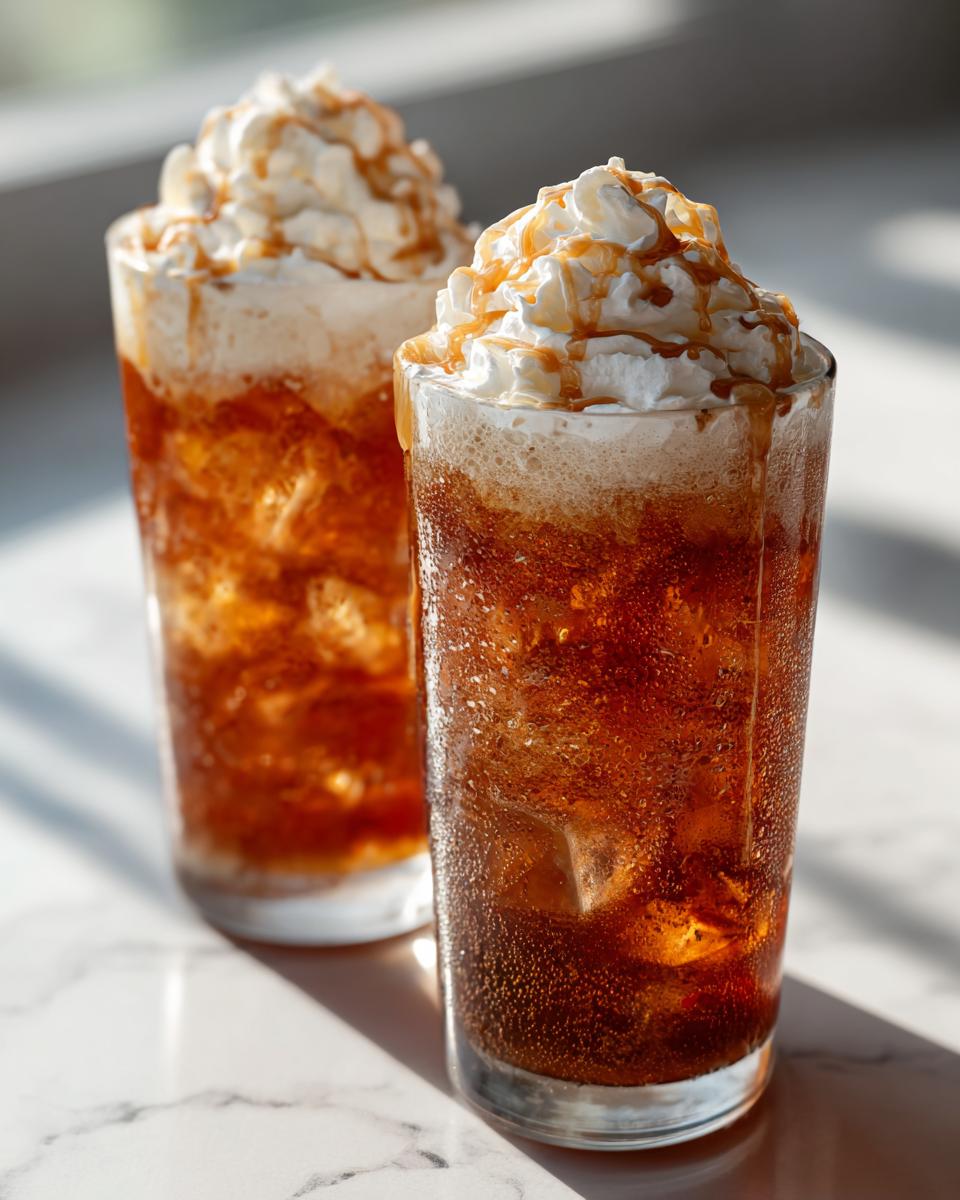 Two tall glasses filled with a fizzy Caramel Apple Cider Mocktail, topped with whipped cream and caramel drizzle.