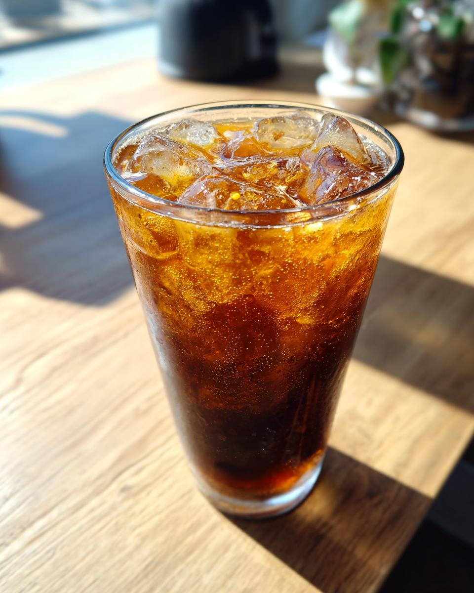 Close-up of a tall glass filled with dark, bubbly Caramel Iced Coffee and plenty of ice cubes.