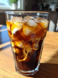 A tall glass of Caramel Iced Coffee with ice cubes and cream swirling into the dark coffee.