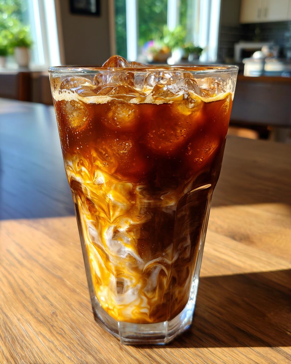 Close-up of a tall glass filled with ice, dark coffee, and creamy caramel swirls, making a perfect Caramel Iced Coffee.