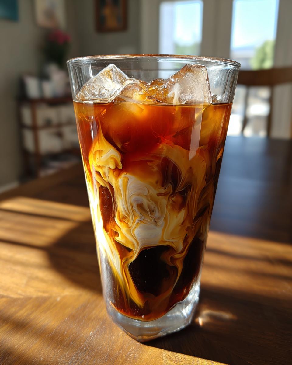 Close-up of a tall glass filled with Caramel Iced Coffee, showing rich swirls of cream mixing into the dark coffee and ice cubes.