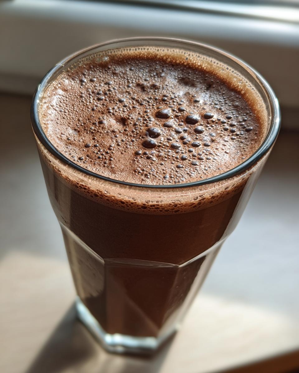 Close-up of a rich, dark brown Caramel Mocha Protein Smoothie with a thick layer of foam on top.