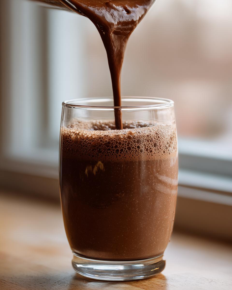 Thick, rich chocolate mixture being poured into a glass to make a Caramel Mocha Protein Smoothie.