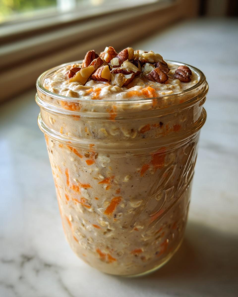 Close-up of Carrot Cake Overnight Oats in a mason jar, topped with chopped pecans.