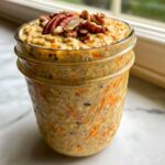 Close-up of Carrot Cake Overnight Oats in a mason jar, topped with chopped pecans.