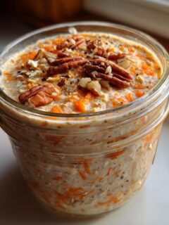 Close-up of Carrot Cake Overnight Oats in a glass jar, topped with pecans and spices.