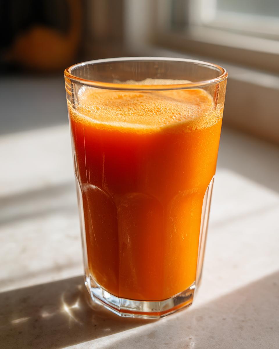 A tall glass filled with vibrant orange Carrot Ginger Citrus Turmeric Juice, sitting on a sunlit counter.