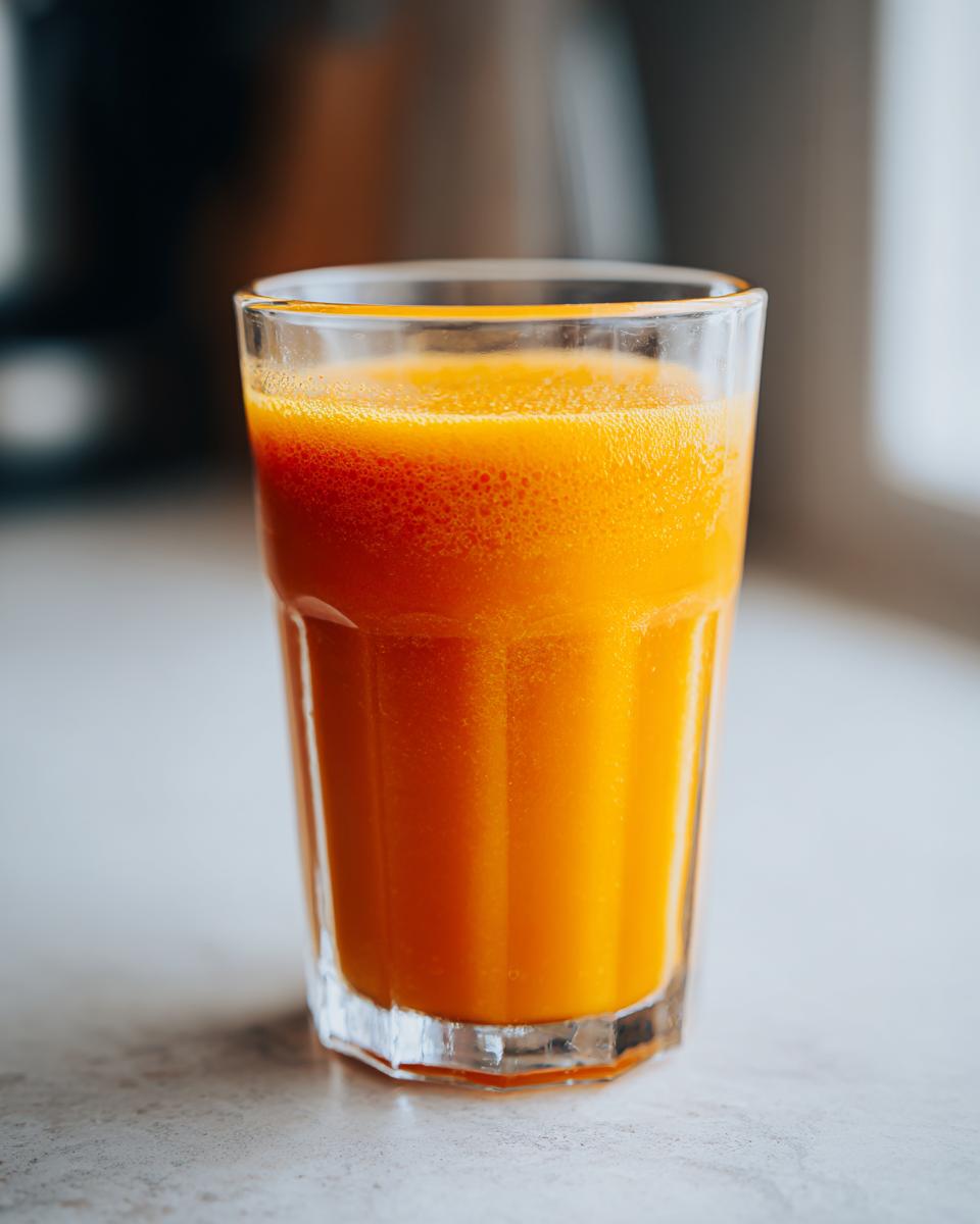 Close-up of a tall glass filled with vibrant orange Carrot Ginger Citrus Turmeric Juice.