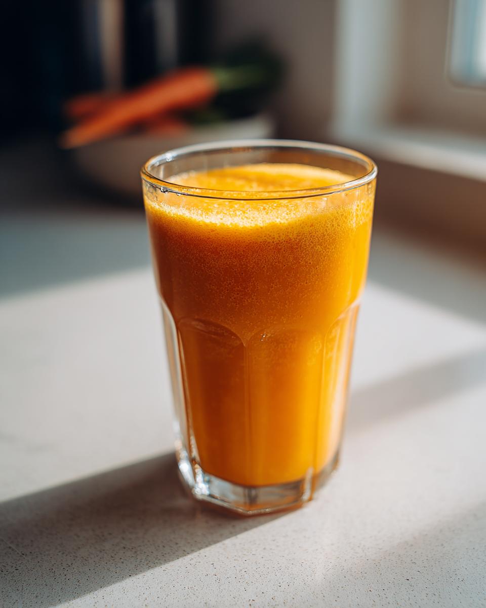 A tall glass filled with vibrant orange Carrot Ginger Citrus Turmeric Juice sitting on a light countertop.