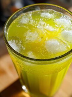 Close-up overhead shot of a tall glass filled with a bright green Celery Pineapple Detox Mocktail and ice cubes.