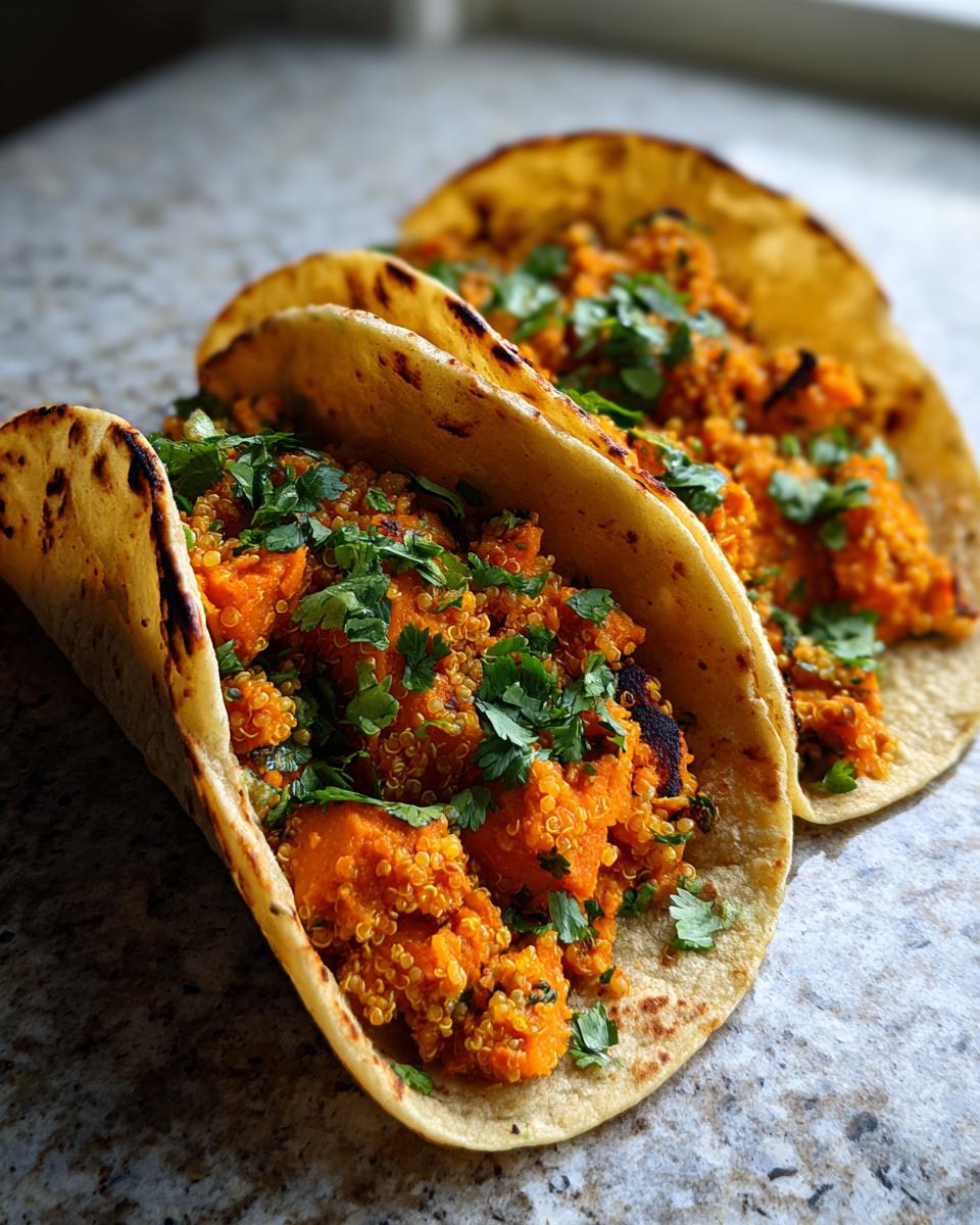 Two Chipotle Sweet Potato Quinoa Tacos filled with orange sweet potato and quinoa mixture, topped with fresh cilantro.