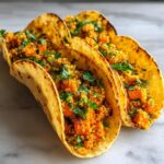 Close-up of three Chipotle Sweet Potato Quinoa Tacos filled with orange quinoa and sweet potato chunks, topped with cilantro.
