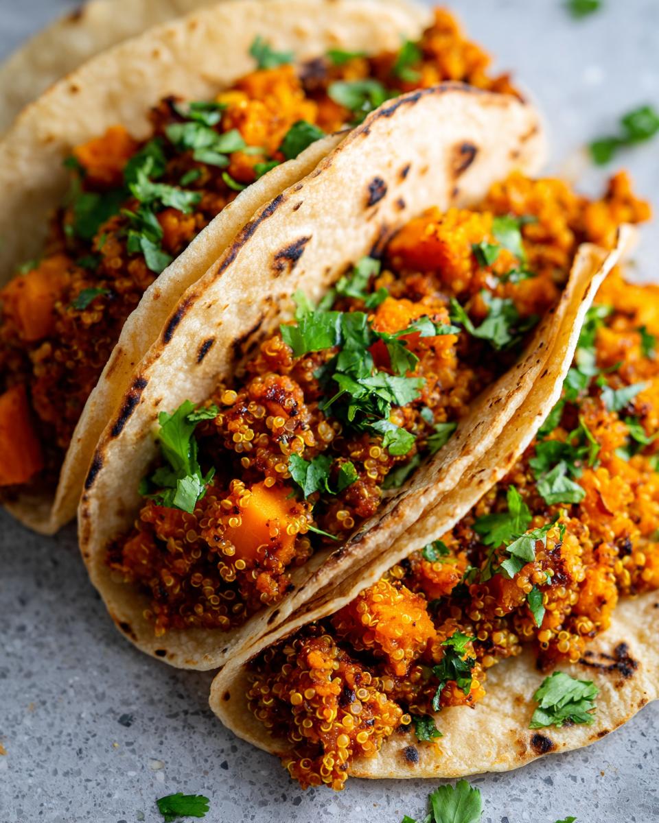 Three Chipotle Sweet Potato Quinoa Tacos filled with orange quinoa mixture and topped with fresh cilantro.