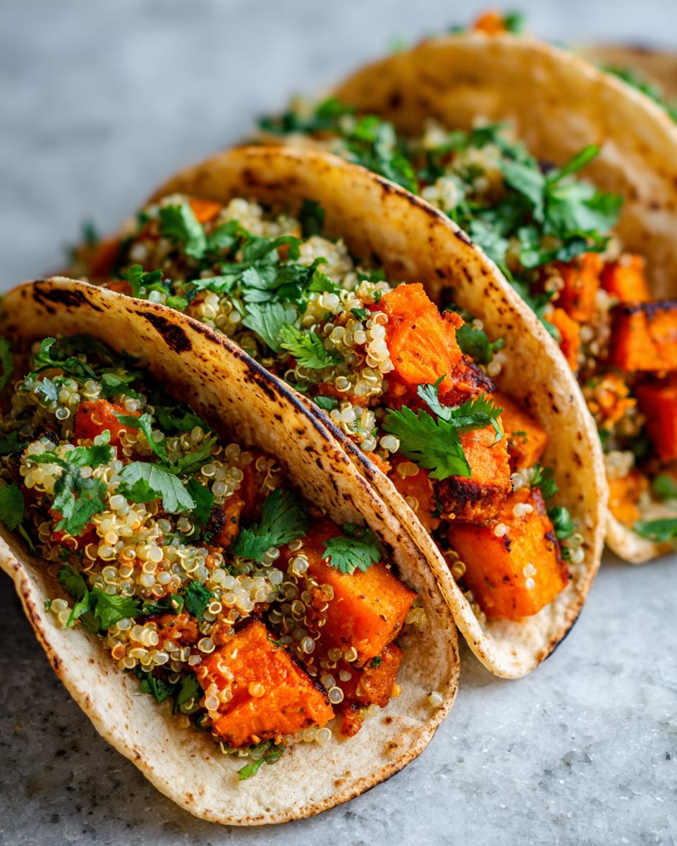 Close-up of three Chipotle Sweet Potato Quinoa Tacos filled with roasted sweet potatoes, quinoa, and fresh cilantro.