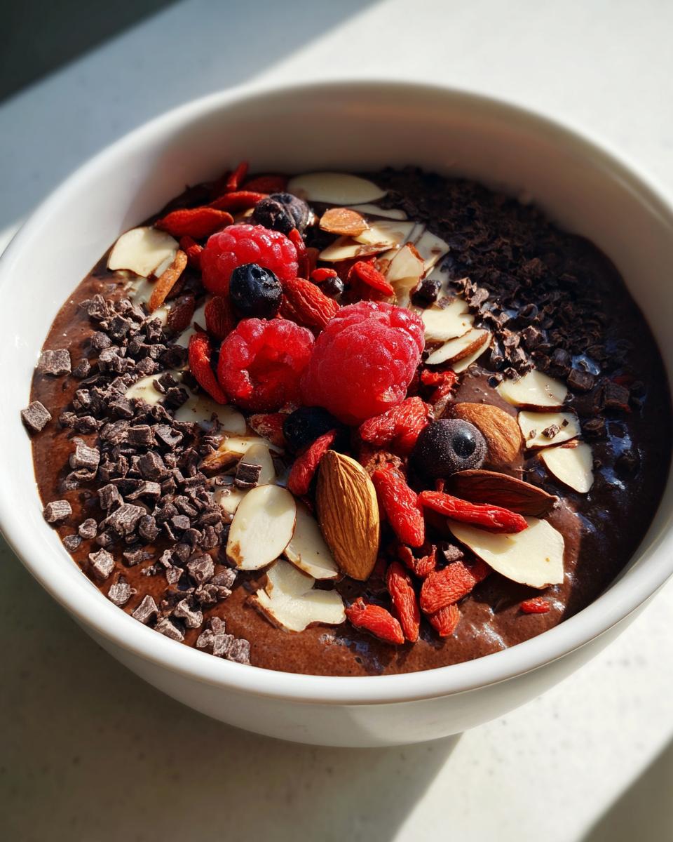 Close-up of a rich Chocolate Almond Smoothie Bowl topped with fresh raspberries, almonds, goji berries, and chocolate chunks.