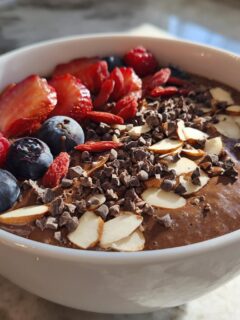 Close-up of a rich Chocolate Almond Smoothie Bowl topped with berries, cacao nibs, and sliced almonds.