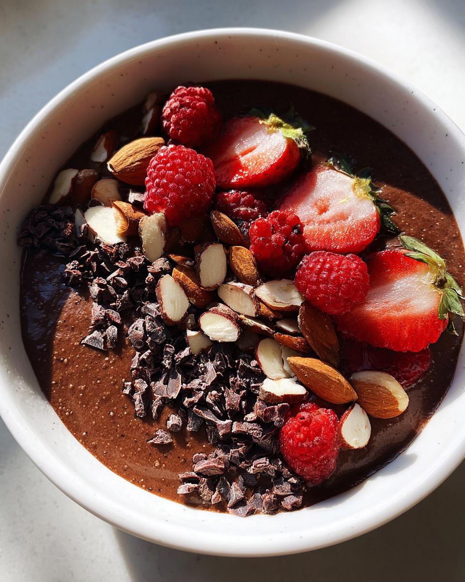 Close-up of a rich Chocolate Almond Smoothie Bowl topped with sliced almonds, raspberries, strawberries, and cacao nibs.