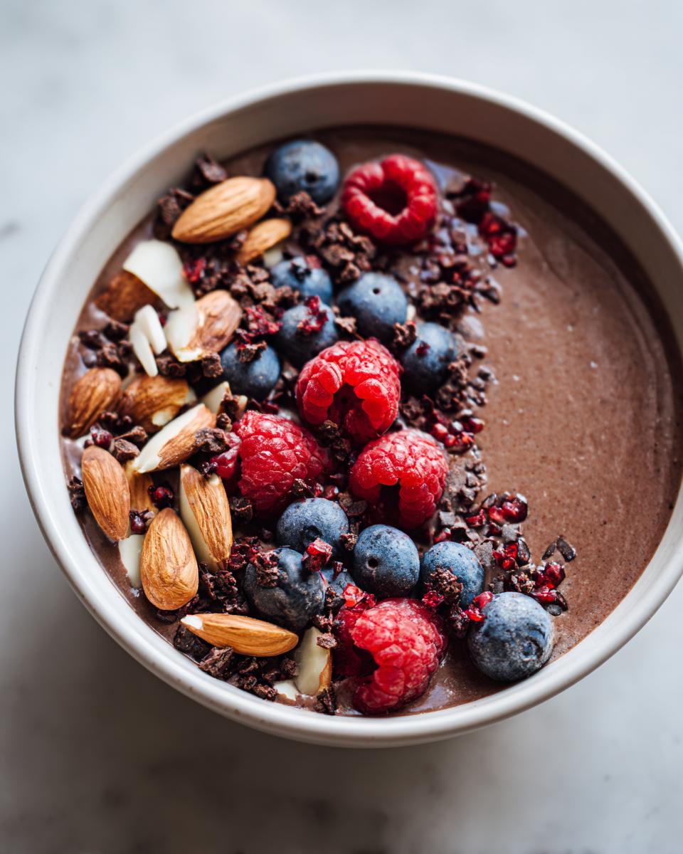 Close-up of a rich Chocolate Almond Smoothie Bowl topped with fresh raspberries, blueberries, whole almonds, and cacao nibs.