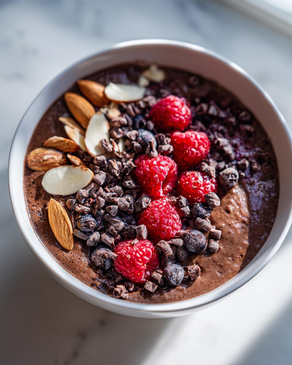 Close-up of a thick Chocolate Almond Smoothie Bowl topped with fresh raspberries, blueberries, cacao nibs, and sliced almonds.