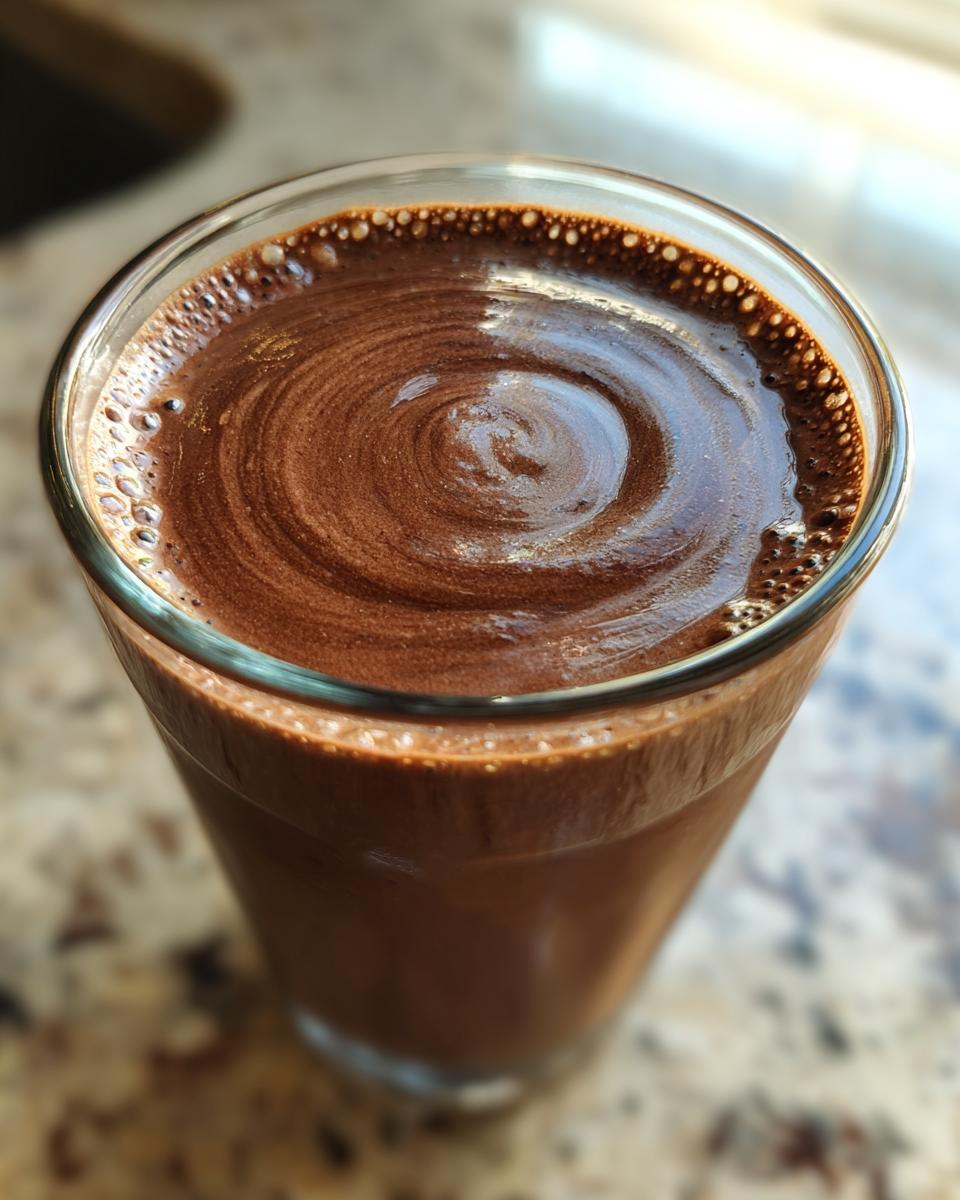 Close-up, top-down view of a glass filled with a rich Chocolate Covered Banana Smoothie showing a perfect swirl on top.
