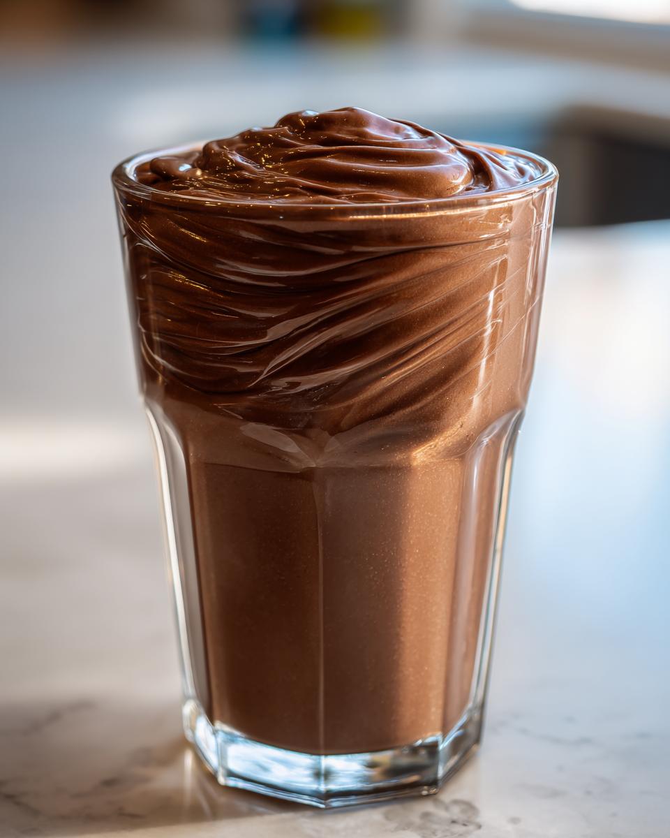 A tall glass filled with a thick, rich Chocolate Covered Banana Smoothie with a swirled top.