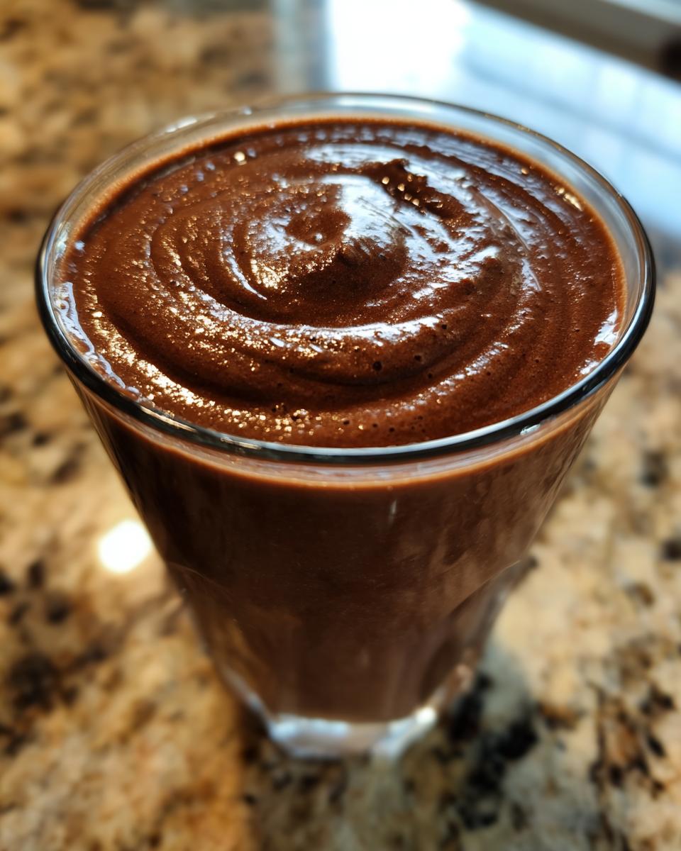 Close-up of a thick, rich Chocolate Covered Banana Smoothie with a swirl pattern on top.