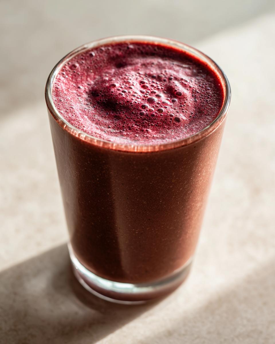 A close-up of a rich, dark red Chocolate Covered Strawberry Smoothie with foam on top, sitting in a glass.