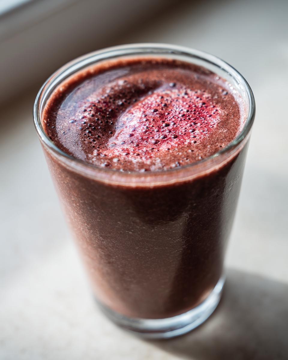 Close-up of a thick, dark brown Chocolate Covered Strawberry Smoothie topped with small red foam bubbles.