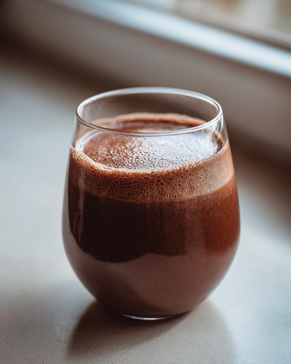 A close-up of a rich, dark brown Chocolate Hazelnut Smoothie with a frothy top in a clear glass.