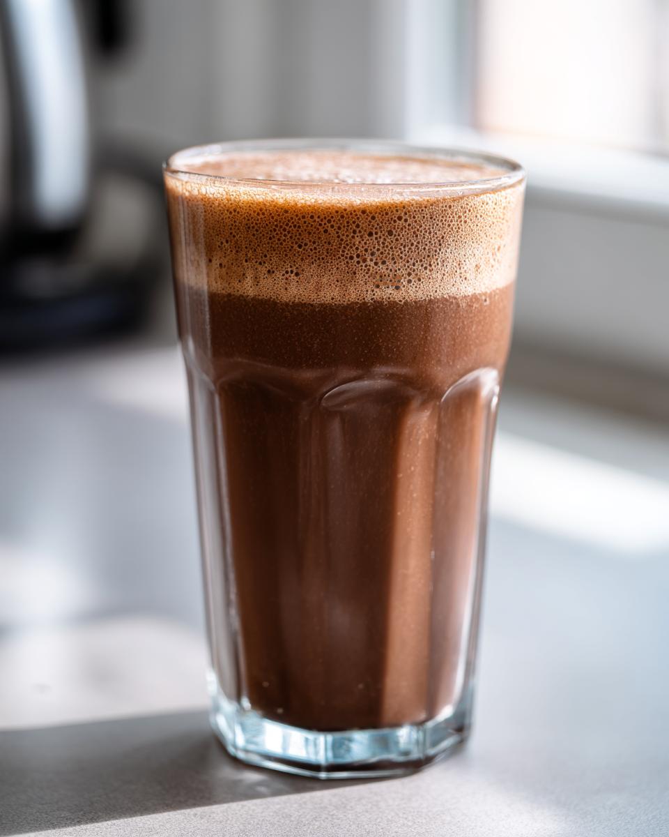 A tall glass filled with a rich, frothy Chocolate Hazelnut Smoothie sitting on a countertop.