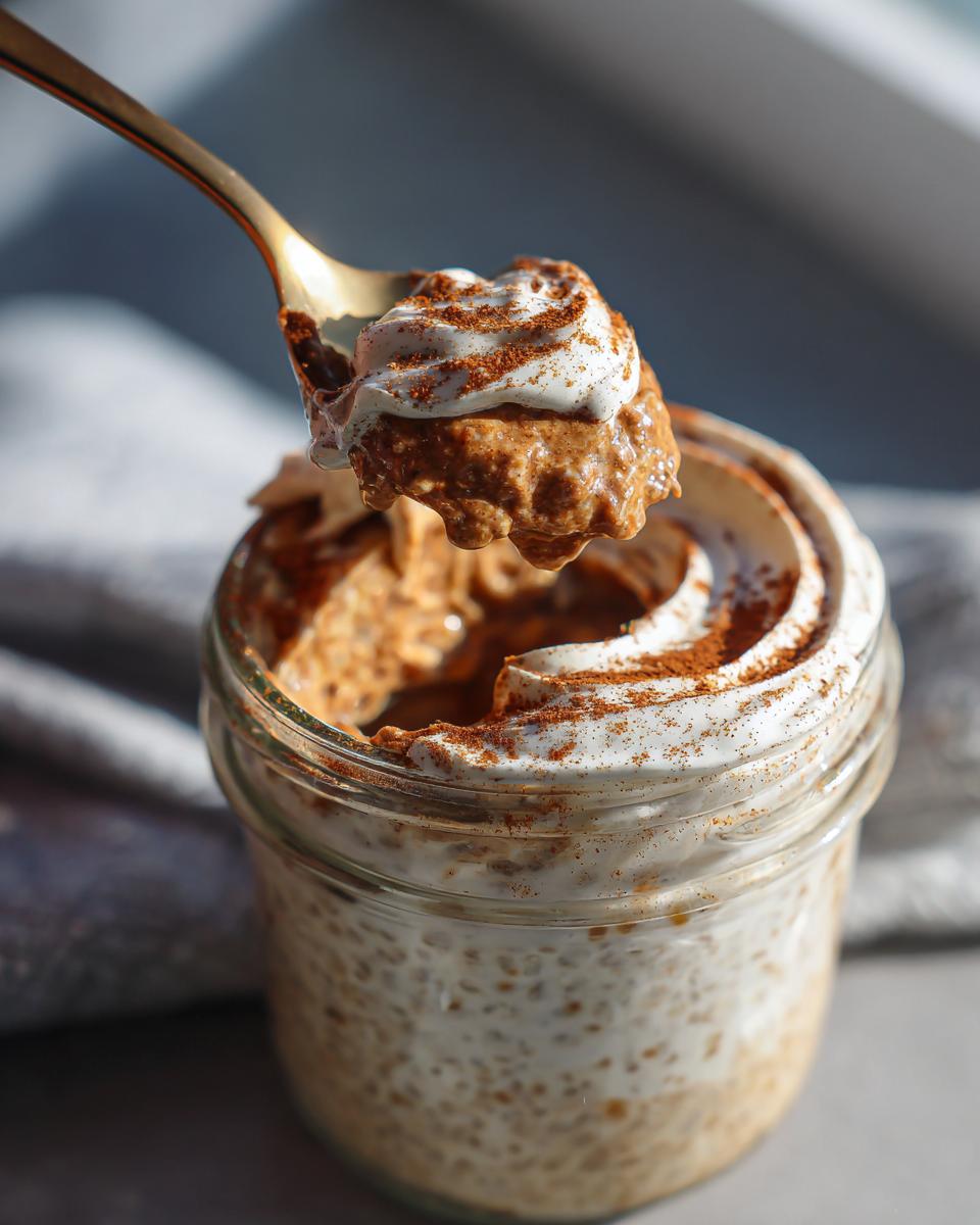 A golden spoon lifts a bite of creamy Cinnamon Roll Overnight Oats topped with whipped cream and cinnamon.