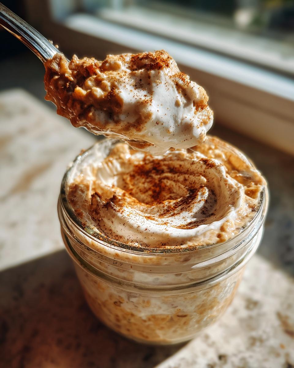 A spoonful of creamy Cinnamon Roll Overnight Oats topped with whipped topping and cinnamon is lifted from a glass jar.