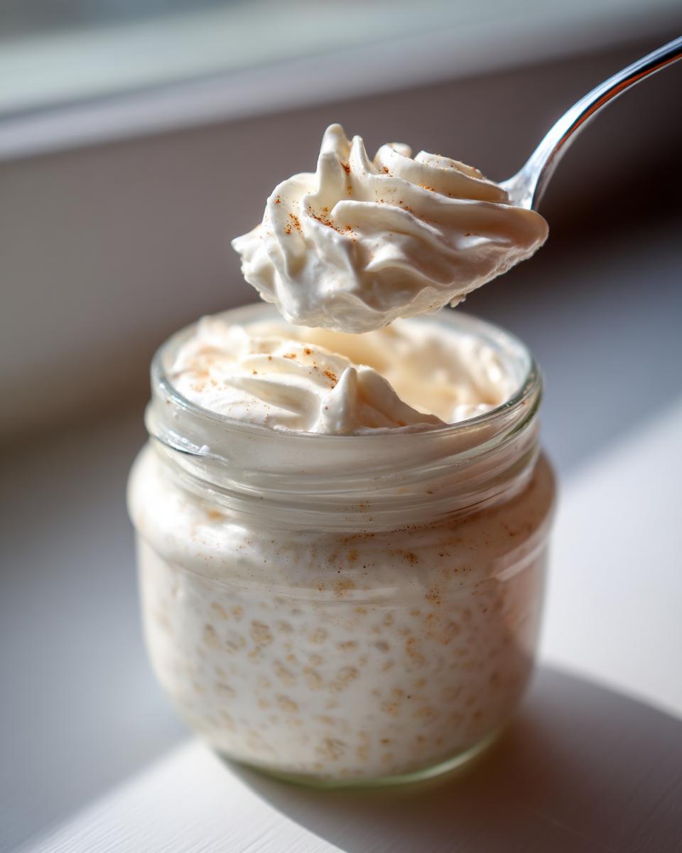 A spoonful of whipped topping with cinnamon is lifted from a jar of Cinnamon Roll Overnight Oats.