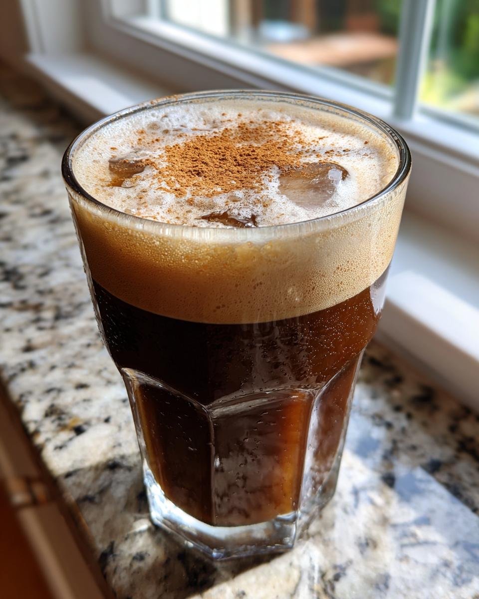 A glass of Cinnamon Vanilla Iced Coffee with foam and a dusting of cinnamon on top.