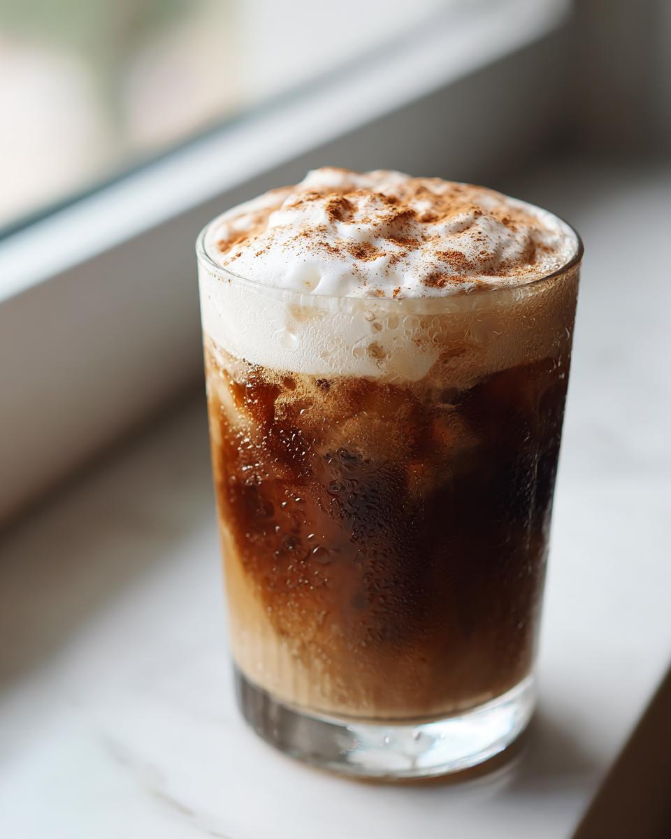A tall glass of cold Cinnamon Vanilla Iced Coffee topped with thick foam and sprinkled cinnamon.