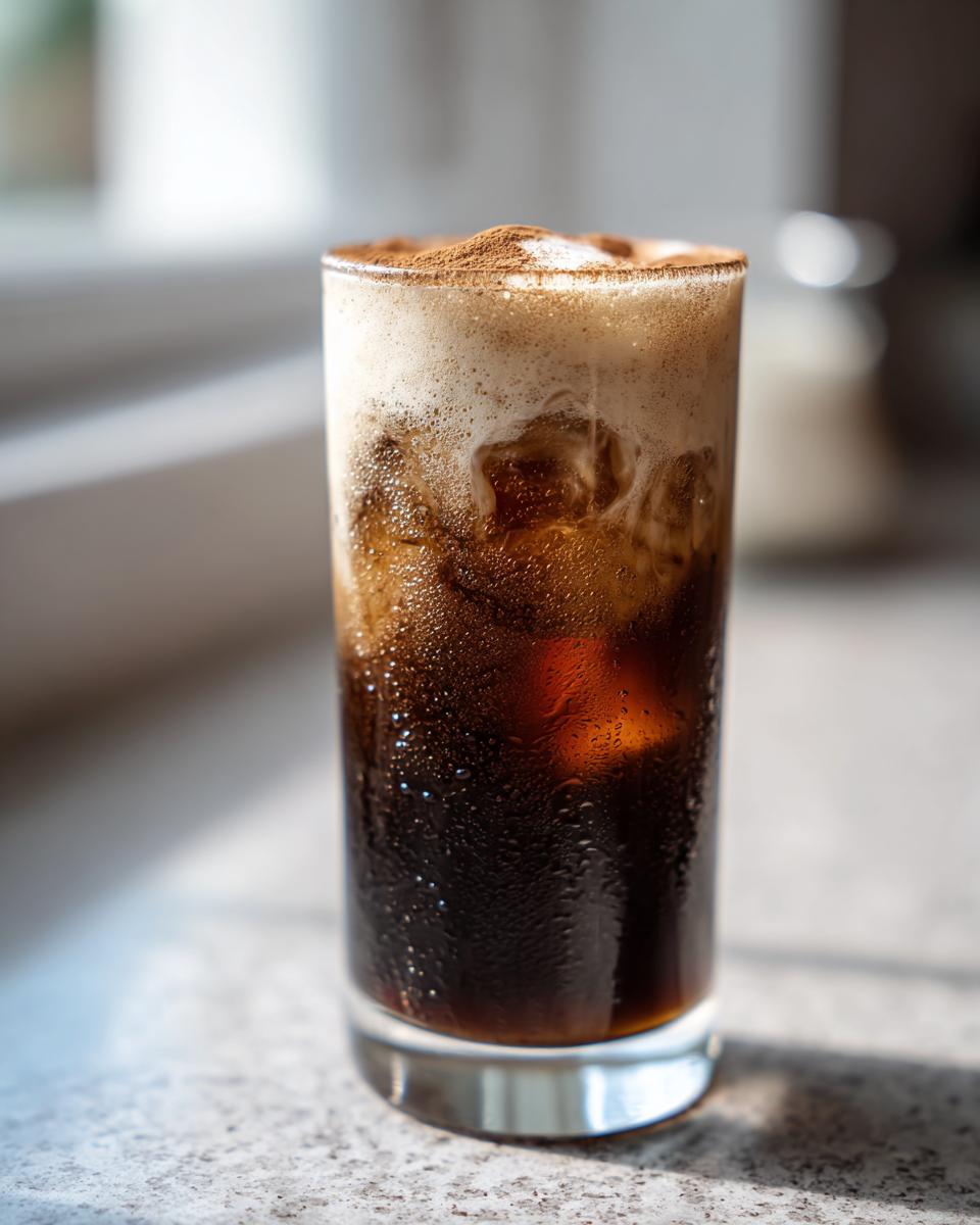 Close-up of a tall glass filled with Cinnamon Vanilla Iced Coffee, ice, foam, and a dusting of cinnamon.
