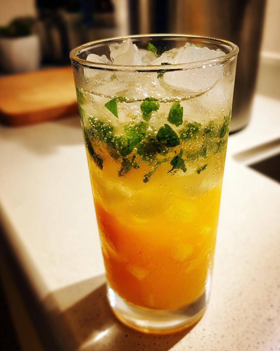 Close-up of a tall glass filled with a vibrant Citrus Honey Mint Mocktail, ice, mint leaves, and bubbles.