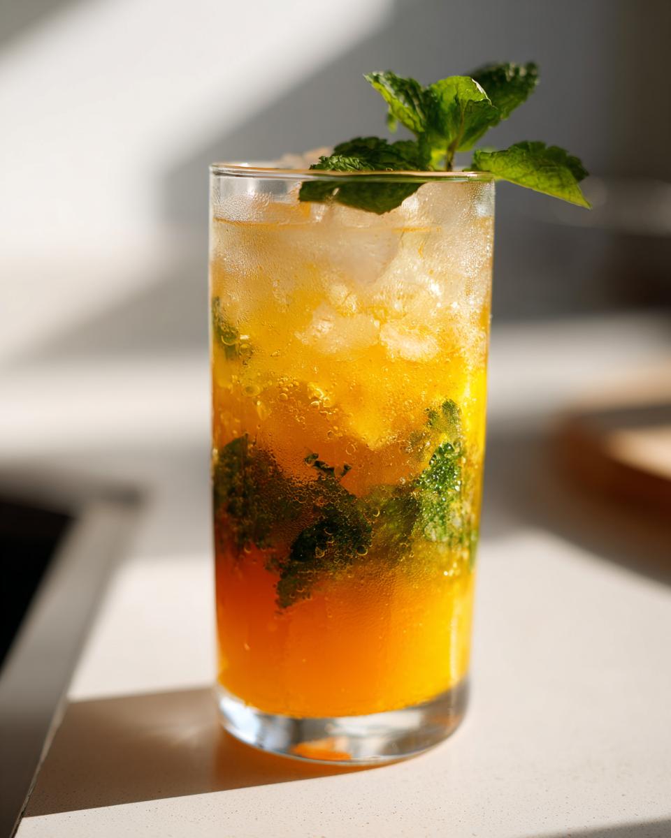 Close-up of a tall glass filled with a vibrant Citrus Honey Mint Mocktail, ice, muddled mint, and a fresh mint garnish.