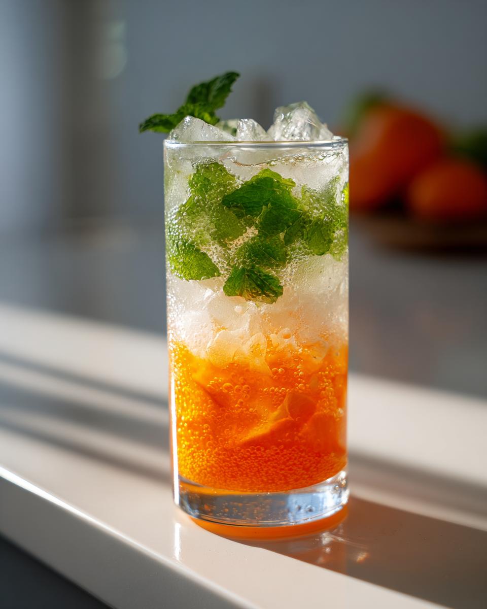 A tall glass filled with a vibrant Citrus Honey Mint Mocktail, layered with orange juice, ice, mint leaves, and carbonation.