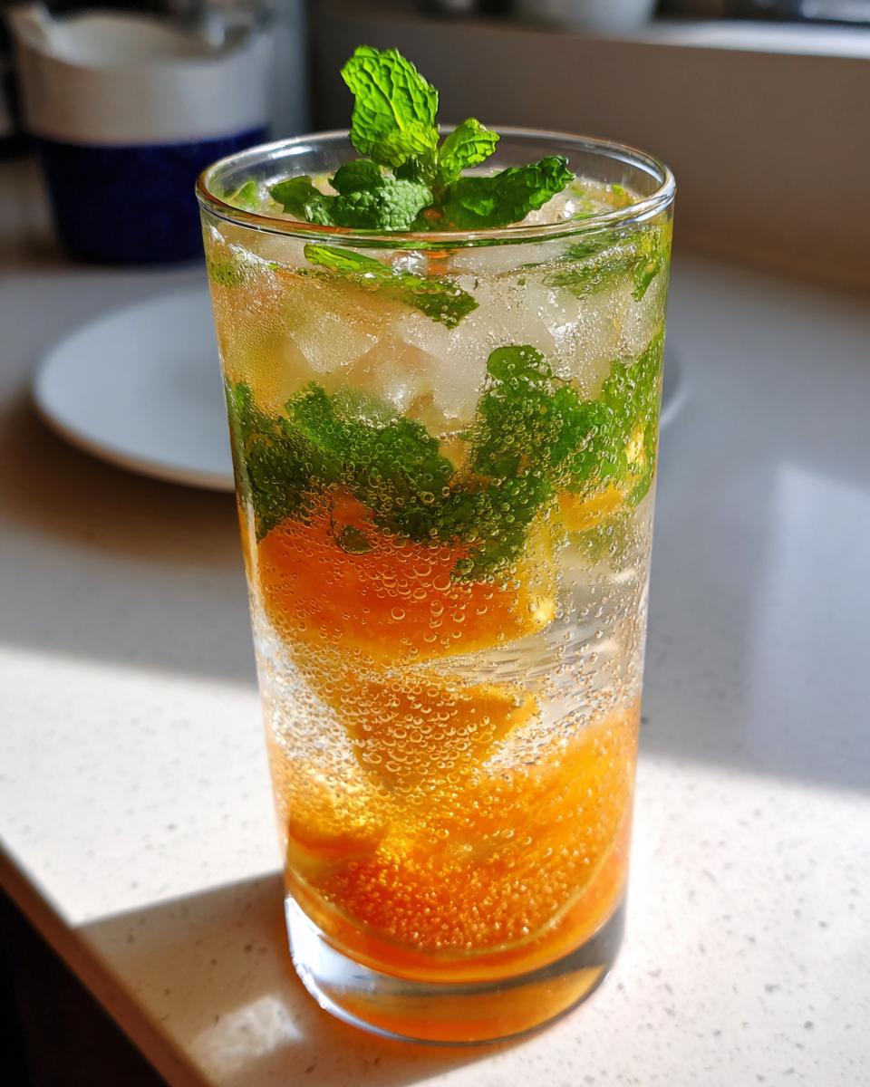 Close-up of a tall glass filled with a bubbly Citrus Honey Mint Mocktail, featuring orange slices and fresh mint leaves.