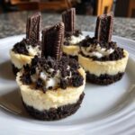 Four Classic Halloween Graveyard Cheesecake Bites topped with cookie crumbs and a chocolate wafer standing up.