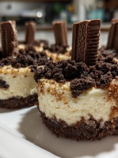 Close-up of several Classic Halloween Graveyard Cheesecake Bites topped with crumbled cookies and chocolate tombstones.