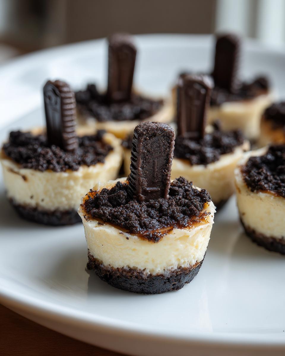 Close-up of Classic Halloween Graveyard Cheesecake Bites topped with crushed cookies and a cookie tombstone.
