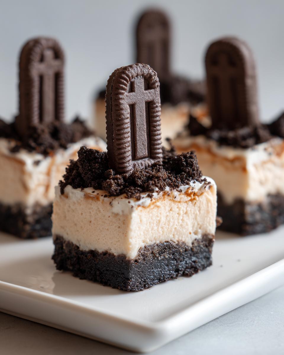 A close-up of one of the Classic Halloween Graveyard Cheesecake Bites, featuring a thick crust, creamy filling, and a chocolate cookie tombstone.