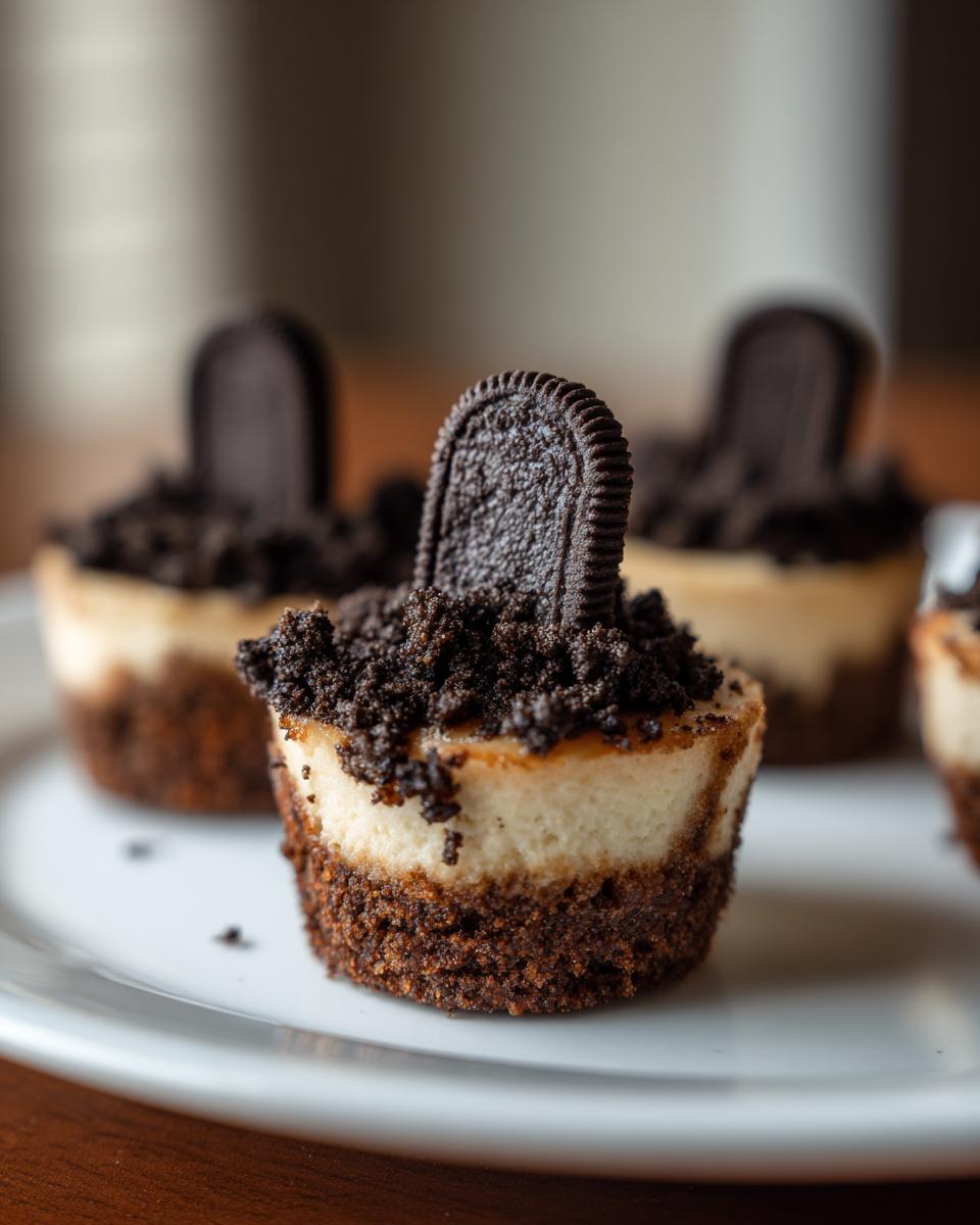 A close-up of one of the Classic Halloween Graveyard Cheesecake Bites, topped with crushed cookies and an Oreo tombstone.